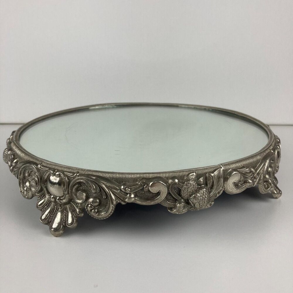 Antique Plateau Vanity Beveled Mirror Silver Metal FLORAL FOOTED Tray Display